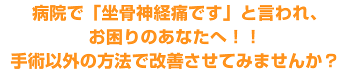 病院で「坐骨神経痛です」と言われ、お困りのあなたへ！！
手術以外の方法で改善させてみませんか？