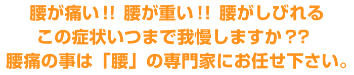 腰が痛い！！腰が重い！！腰がしびれる
この症状いつまで我慢しますか？？ 腰痛の事は「腰」の専門家にお任せ下さい。